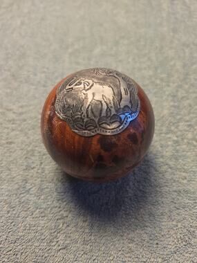 Vintage Thai Wooden Solid Perfume Box Round Sphere Case Metal Elephant Inlay